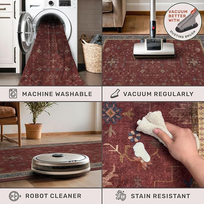 6x8 Dining Room Rugs for Under Table - Vintage Burgundy Boho Living Room Rug, Machine Washable Foldable Carpet,Southwestern Bed Room Décor Aesthetic