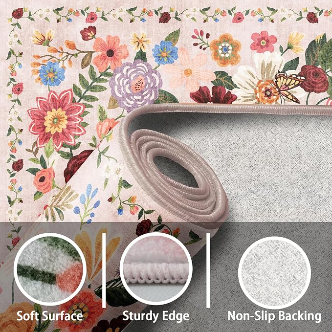 Pink Area Rug 4x6 Rug Washable Boho Rugs Non Slip Low Pile Floral Small Carpet - Image 3