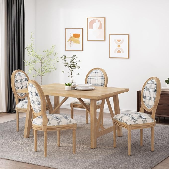 Christopher Knight Home Phinnaeus Dining Chair Set, Set of 4, Wood, Dark Blue Plaid + Light Beige + Natural