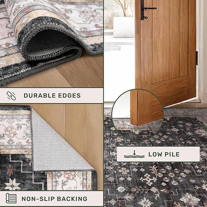 Black Boho Washable 3x12 Extra Long Runner Rug for Hallway, Waterproof Large Kitchen Floor Rug, Non-Slip Stain & Fade Resistant, Vintage Floral Decor