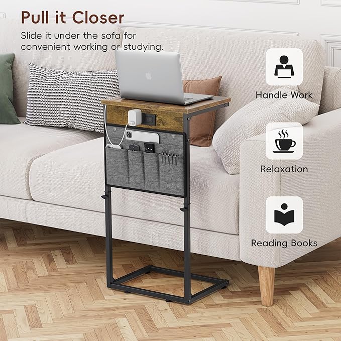 Vagusicc C-Shaped End Table Set of 2 with Charging Station, Small Side Table for Couch, Adjustable Height Couch Side Table, Slide Under Sofa Table TV Tray Tables for Living Room,Bedroom,Bedside, Brown