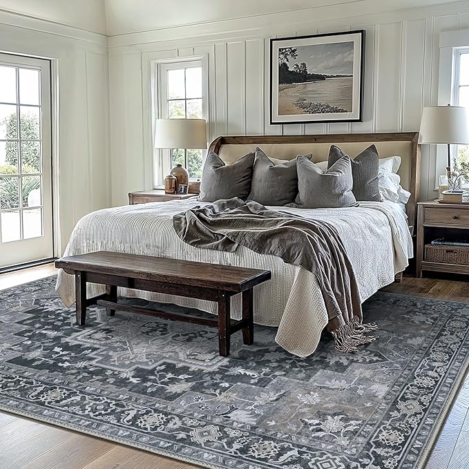 GENIMO 10x14 Area Rugs for Living Room, Machine Washable Non Slip Vintage Rugs, Low Pile Lightweight Chenille Print Rug for Bedroom, Dining Room, Home Office,Dark Gray