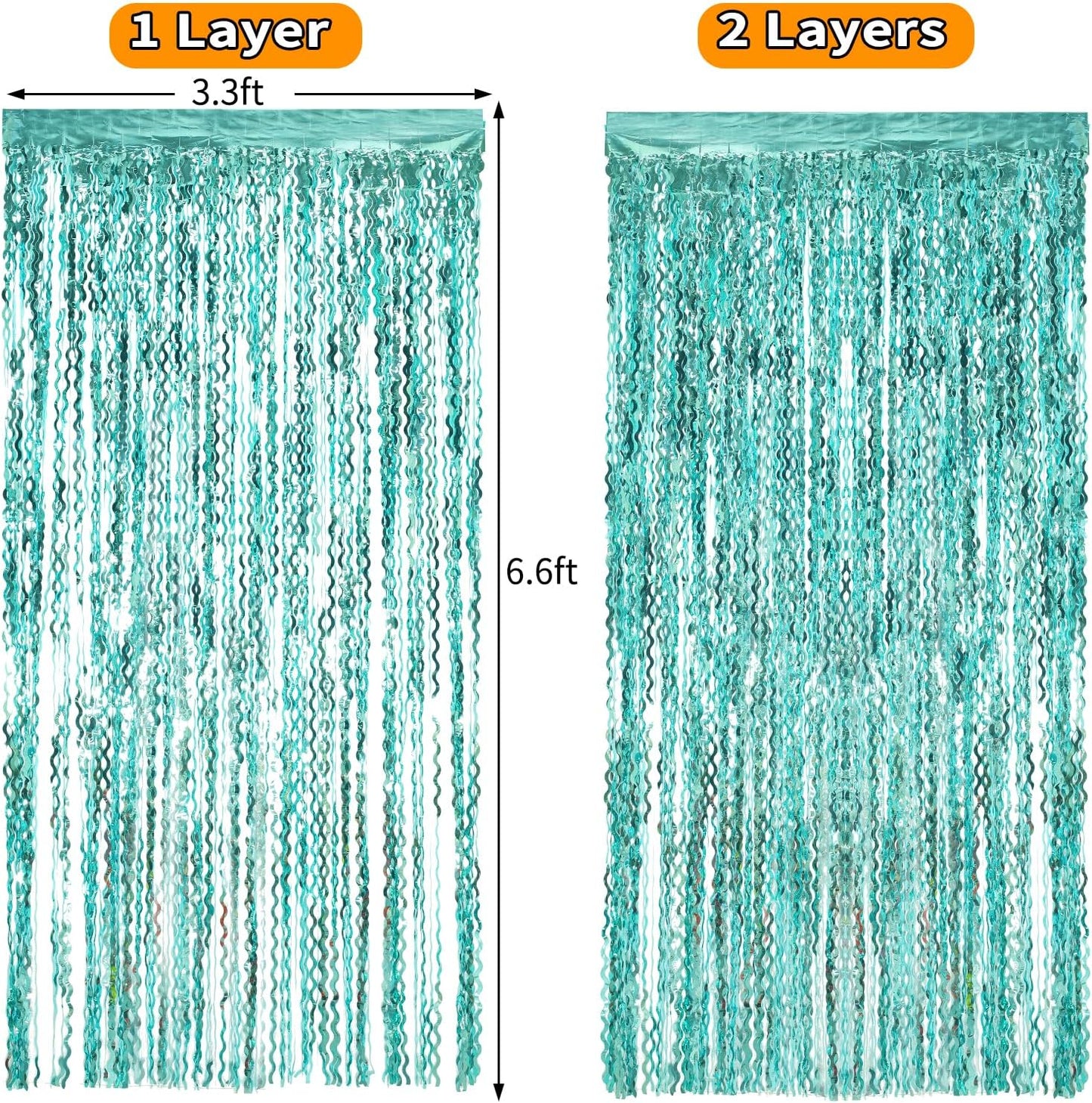 4 Pack 3.3 ft x 6.6 ft Wavy Aqua Teal Blue Tinsel Foil Fringe Curtains Backdrop - Wave Metallic Foil Curtains for Wedding Girl Princess Bachelorette Euphoria Theme Party Decoration