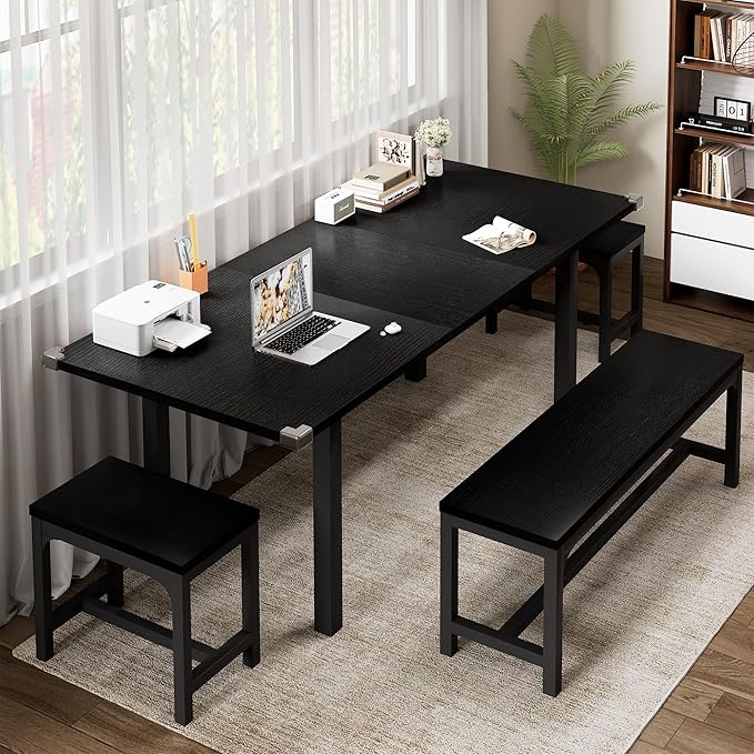 Feonase 5-Piece Dining Table Set for 4-8 People, 63" Large Extendable Kitchen Table Set with 2 Benches and 2 Square Stools, Dining Room Table with MDF Wood Board, Easy Assembly, Black
