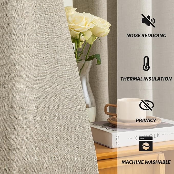 Yakamok Natural Linen Curtains 100% Blackout 96 Inches Long, Room Darkening - Image 5
