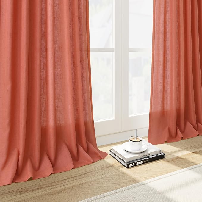 Coral Linen 96 Inch Length Curtains Panels 2 Panel Set Back Tab Rod Pocket - Image 6