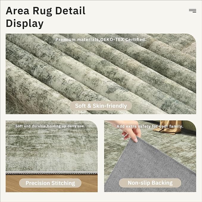 Area Rug 6x9 Abstract Living Room Washable Rugs Green Black Non Slip Low Pile - Image 6