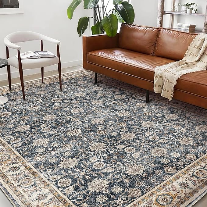 Washable Area Rug 9'x12' Retro Boho Design Non-Shedding Easy Care Ideal for High Traffic Areas in Living Room Bedroom Office Coffee Table Kitchen Large Carpet