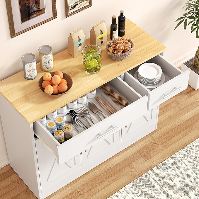 Shintenchi 3 Doors Farmhouse Sideboard Buffet Cabinet,42" Barn Doors Buffet Cabinet with Storage,Wood Coffee Bar Cabinet with Adjustable Shelf for Kitchen,Living Room,White