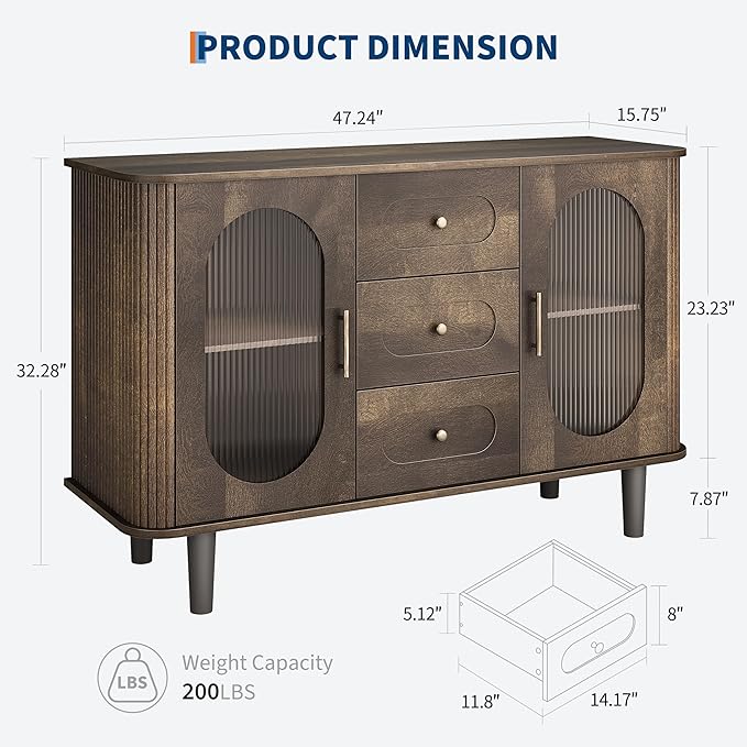 GarveeHome 47.2" Sideboard Buffet Cabinet with 2 Fluted Glass Doors & 3 Drawers, Modern Farmhouse Accent Coffee Bar with Adjustable Shelves for Kitchen, Living Room, Hallway, Walnut