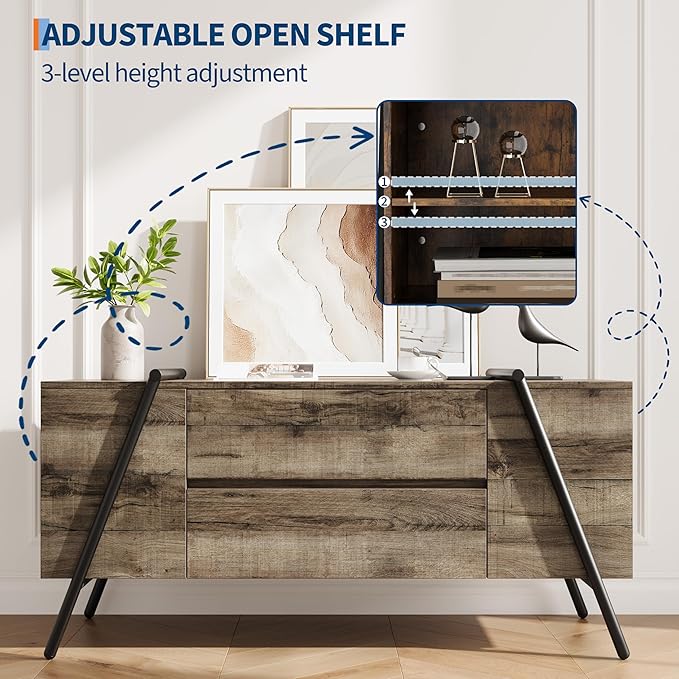 GarveeHome TV Stand for 47 Inch TV, Entertainment Center with Adjustable Shelf, 2 Drawers, TV Console Table, Media Console, U-Shaped Metal Legs, for Living Room, Bedroom, Oak