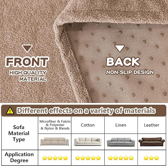 MYSKY HOME Couch Cover Sofa Covers for 3 Cushion Couch, Dog Couch Covers Protector for Sectional Sofa, Non Slip Soft Sofa Slipcover Modern Furniture Protector for Pet, 91" x 134", Khaki