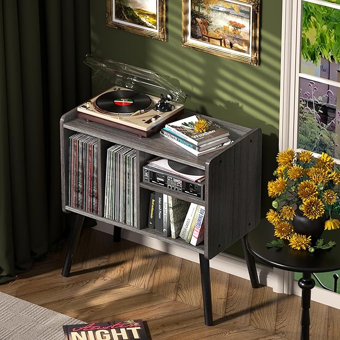 Record Player Table, Mid-Century Record Player Stand with Vinyl Storage Hold Up to 150+ Albums, Vinyl Record Cabinet with Adjustable Shelves, Wood Turntable Stand for Music Living Room (Grey)