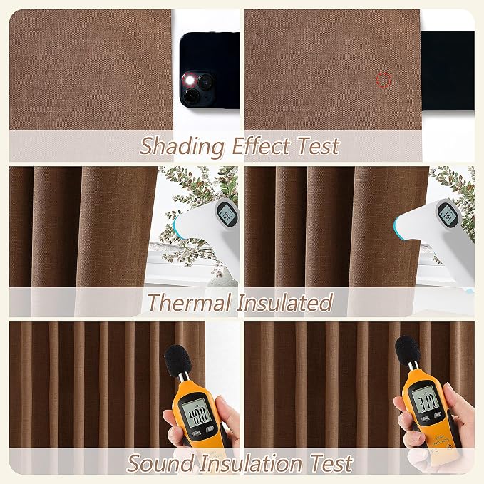 Guken Caramel Brown 100% Blackout Linen Curtains 100 Inch Length 2 Panels Set - Image 5
