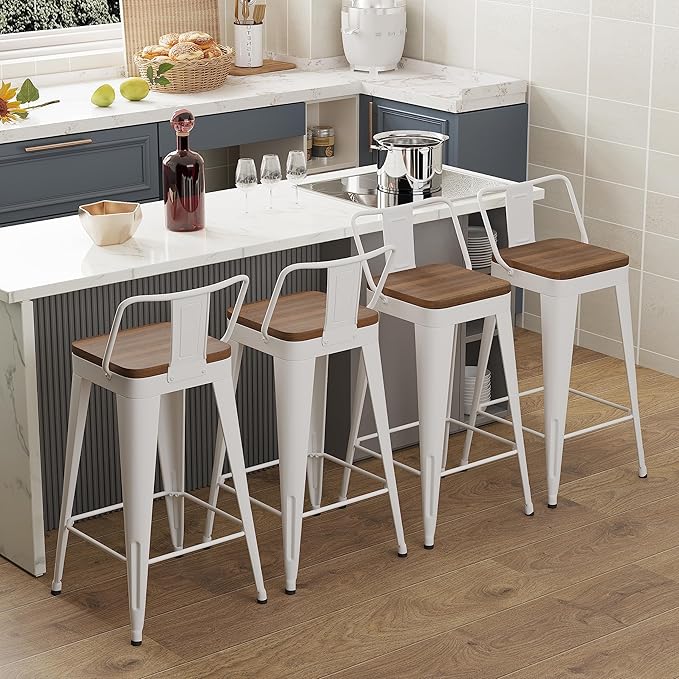 WENTMENT Bar Stools Set of 4 Counter Height Metal Barstools with Removable Back 30" Kitchen Bar Stools with Wooden Seat, White