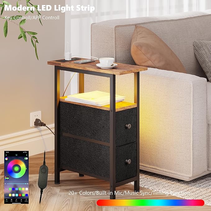 End Table with Charging Station, Narrow Side Table with 2 Fabric Drawers, Skinny Nightstand with LED Light, Slim Bedside Table for Bedroom, Living Room, Small Spaces, Rustic Brown and Black