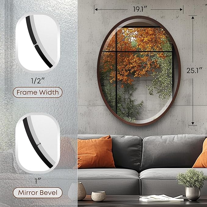 OVALCREST - Oval Wooden Beveled Wall Mirror for Home Decor, Bathroom, Vanity, Bedroom, Living Room, Hallway - London Style (Black Walnut) 19.1 x 25.1