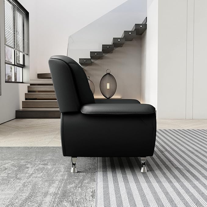 Container Furniture Direct Michael Modern Faux Leather Upholstered Stainless Steel Legs Living Room, Chair, Midnight Black