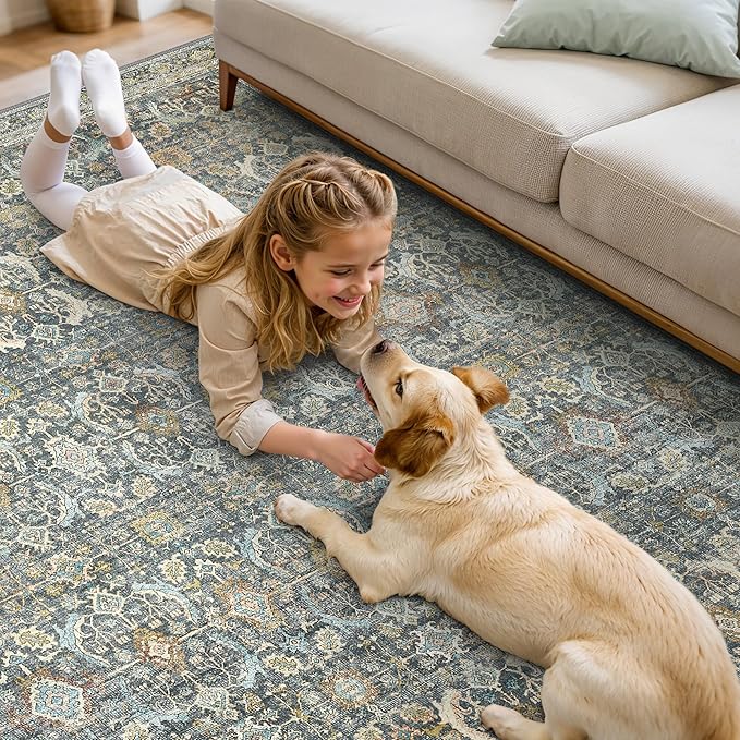 8X10 Area Rugs Machine Washable Rugs for Living Room, Vintage Boho Large Rugs for Bedroom Dining Room, Non Slip Indoor Soft Distressed Lightweight Thin Low Pile Carpet, Terracotta