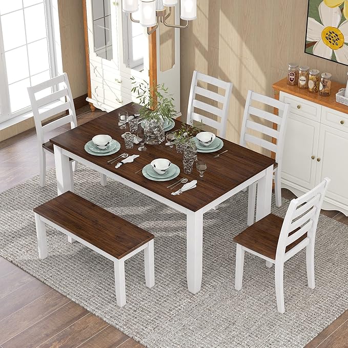 Merax 6-Piece Wooden Rectangular Dining Table Set with 4 Rubber Wood Chairs and 1 Bench