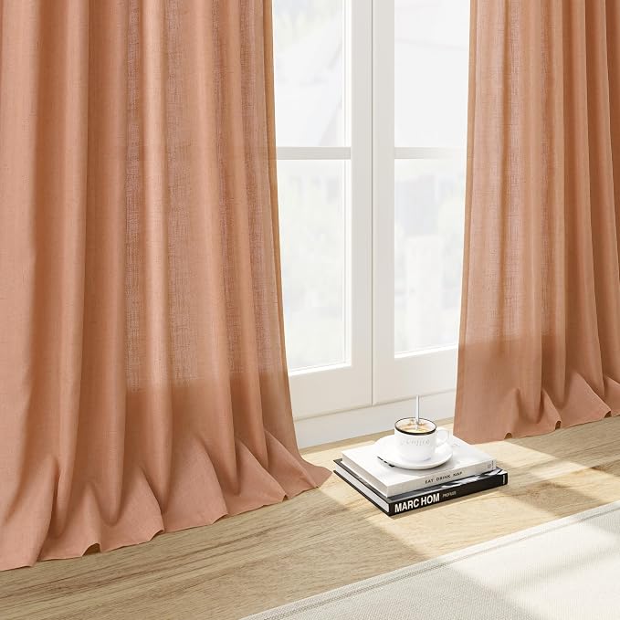 Peach Quartz Linen Curtains 102 Inch Length 2 Panels Back Tab Rod Pocket Semi - Image 6