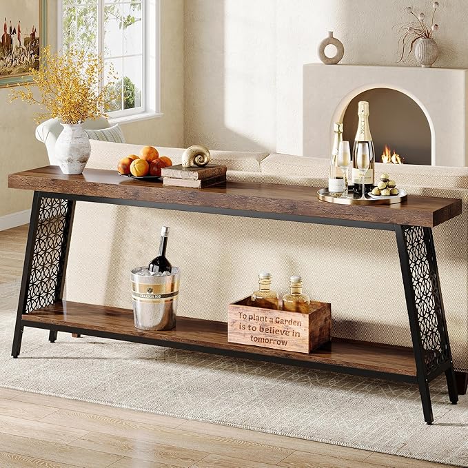 Tribesigns 70.9" Extra Long Console Table, 2-Tier Sofa Table with Storage, Industrial Entryway Table Behind Couch, Narrow Entrance Table for Hallway, Living Room, Rustic Brown