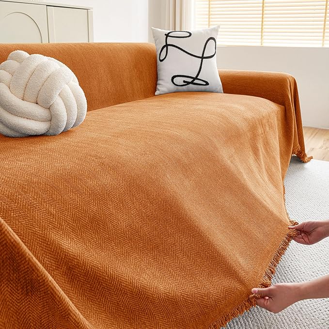 hyha Couch Cover for Dogs, Boho Sofa Covers for 3 Cushion Couch Washable, Chenille Sofa Slipcover for Pets, Soft Loveseat Sectional Couch Throw Blankets with Tassels (Orange, 71x118 Inch)