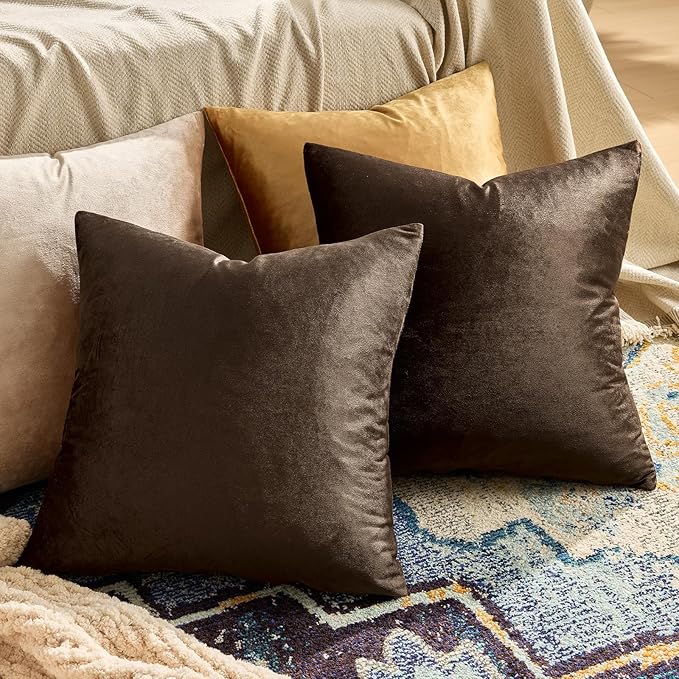 GIGIZAZA Brown Velvet Pillow Covers 20x20, Square Solid Throw Pillow Covers - Image 2