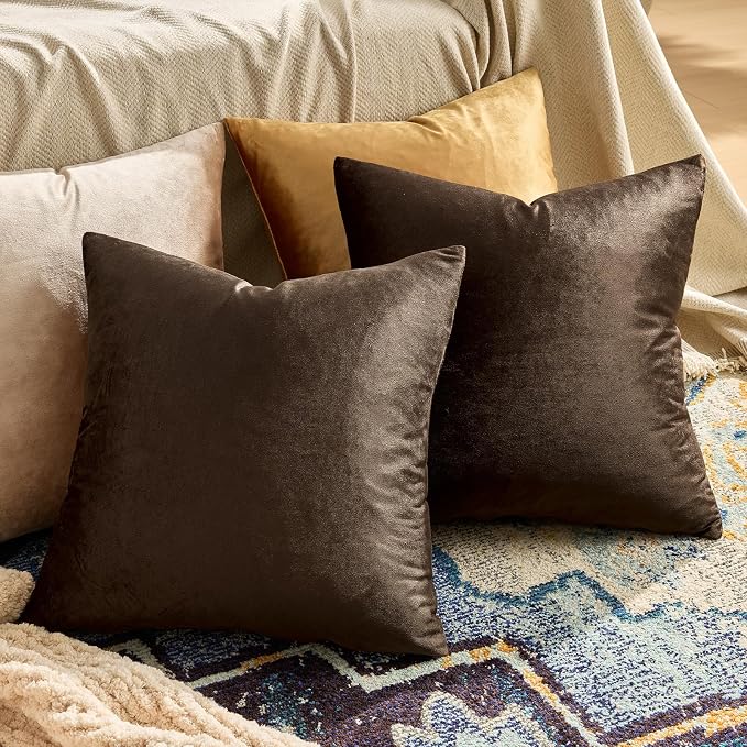 GIGIZAZA Brown Velvet Pillow Covers 26x26, Square Solid Throw Pillow Covers - Image 2