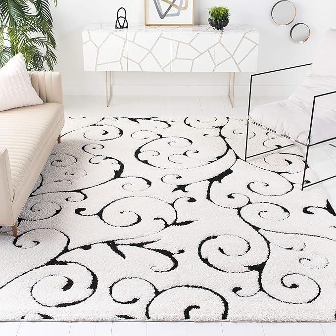 SAFAVIEH Florida Shag Collection Area Rug - 8'6" x 12', Ivory & Black, Scroll Design, Non-Shedding & Easy Care, 1.2-inch Thick Ideal for High Traffic Areas in Living Room, Bedroom (SG455-1290)