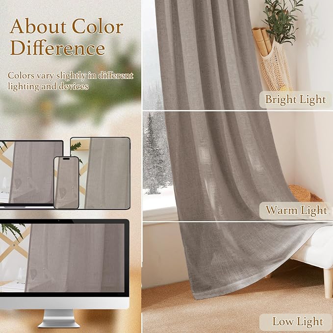RYB HOME Linen Texture Sheer Curtains 90 inches, Rustic Style Solid Semi Sheer - Image 7