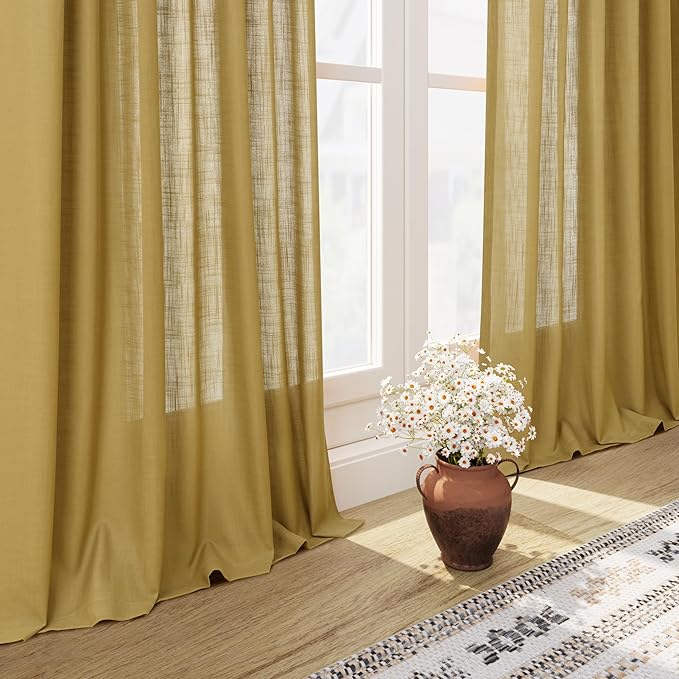 Nanspring Gold Linen Curtains Semi Sheer Gold 96 Inches Long 2 Panels Set - Image 6