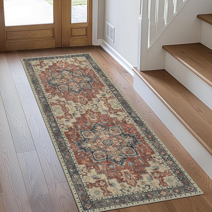 GENIMO 2'6''x12 Runner Rugs for Hallway, Machine Washable Non Slip Vintage Rugs, Low Pile Lightweight Soft Print Rug for enrtyway, Corridor, Home Office, Kitchen, Bordeaux