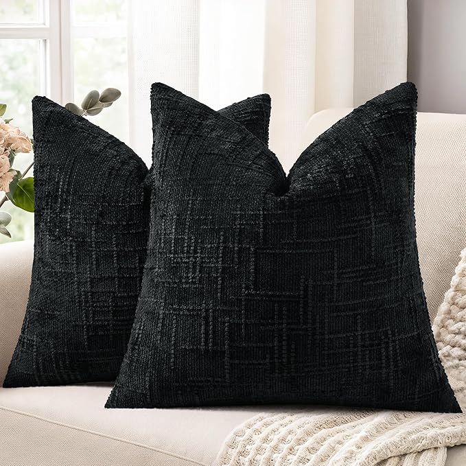decorUhome Black Chenille Throw Pillow Covers 18x18 Set of 2 Textured Soft Cozy by decorUhome