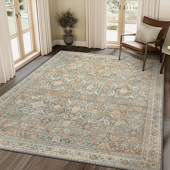 9X12 Area Rugs Machine Washable Rugs for Living Room, Vintage Boho Large Rugs for Bedroom Dining Room, Non Slip Indoor Soft Distressed Lightweight Thin Low Pile Carpet, Turmeric
