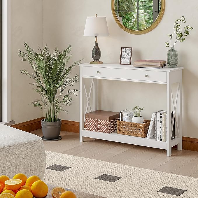 Treocho White Console Table with Drawer and Storage Shelves, Foyer Sofa Table Narrow for Entryway, Living Room, Hallway