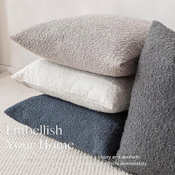 Foindtower Pack of 2 Textured Boucle Throw Pillow Covers Accent Solid Decorative Pillow Cases Cozy Woven Couch Cushion Case for Sofa Bedroom Living Room Home Decor, 18 x 18 Inch,Neutral Grey