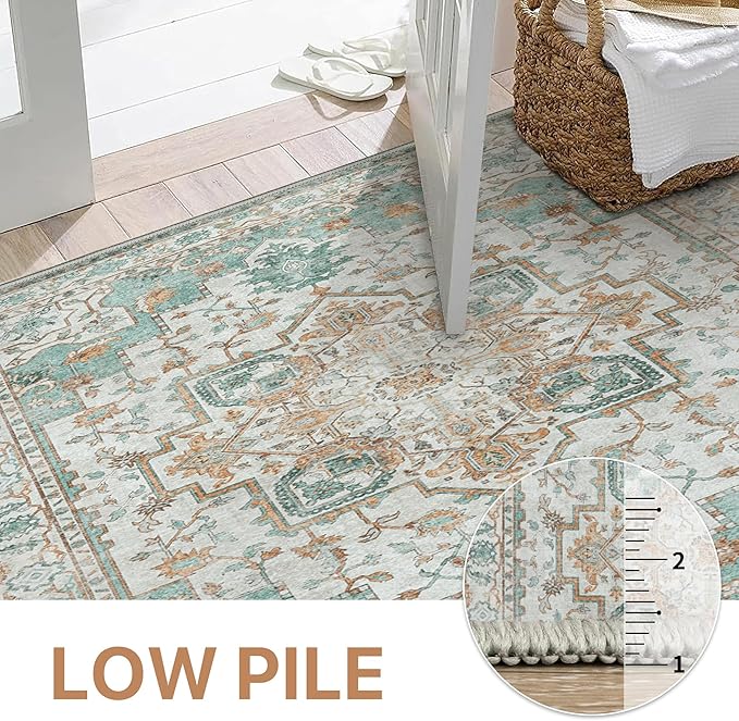 GENIMO 8x10 Area Rugs for Living Room, Machine Washable Non Slip Vintage Rugs, Low Pile Lightweight Chenille Print Rug for Bedroom, Dining Room, Home Office, Cyan