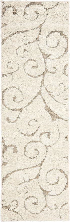 SAFAVIEH Florida Shag Collection Runner Rug - 2'3" x 13', Cream & Beige, Scroll Design, Non-Shedding & Easy Care, 1.2-inch Thick Ideal for High Traffic Areas in Living Room, Bedroom (SG455-1113)