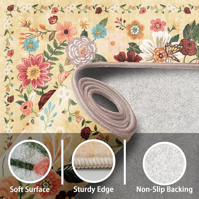 Floral Machine Washable Rug, 3x5 Rug Non Slip Soft Bedroom Rugs - Image 4