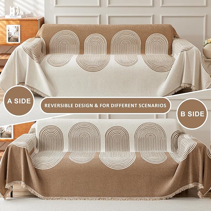 STACYPIK Modern Beige Geometric Couch Cover for Dog Boho Reversible Sofa Covers for 3 Cushion Couch Washable Furniture Protector Chenille Sofa Slipcover Loveseat Cover Multi-Use Throw Blanket-71X150IN