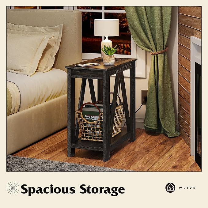 WLIVE Narrow End Table with Charging Station of Open Storage Shelf, Sofa Side Table with 2 USB Ports and 2 Power Outlets, Slim Farmhouse End Table for Small Spaces, Bedroom, Living Room