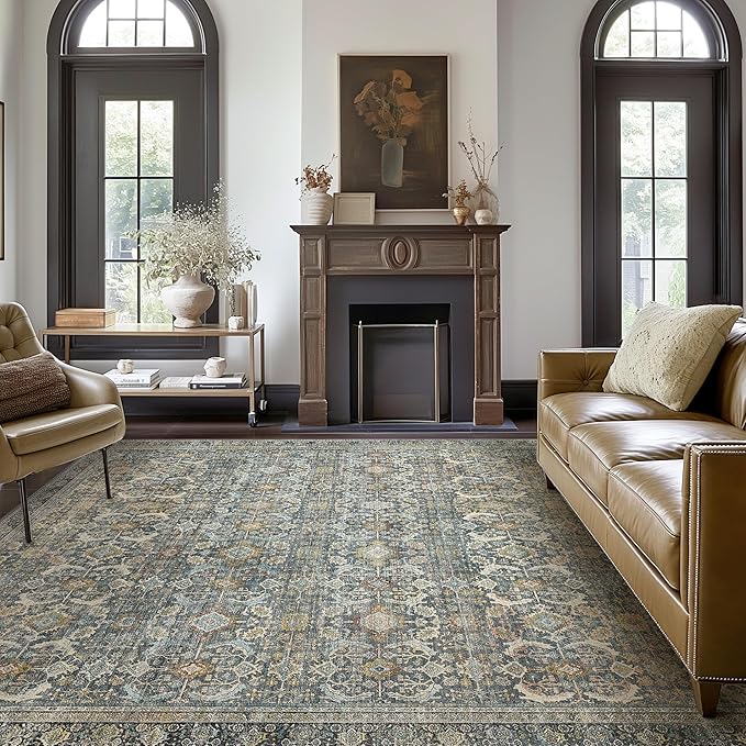 8X10 Area Rugs Machine Washable Rugs for Living Room, Vintage Boho Large Rugs for Bedroom Dining Room, Non Slip Indoor Soft Distressed Lightweight Thin Low Pile Carpet, Terracotta