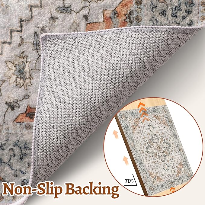 Tangsoo 8x10 Area Rug for Living Room, Washable Vintage Rugs Indoor Non Slip Large Area Rugs, Print Distressed Taupe Carpet, Soft Low Pile Foldable Floor for Bedroom Dining Room Dorm
