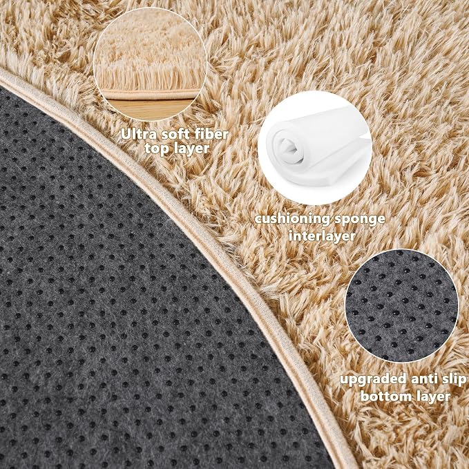 5'x5' Beige Round Rug for Bedroom, Ultra Soft Fluffy Circle Rug for Kids Girls - Image 4