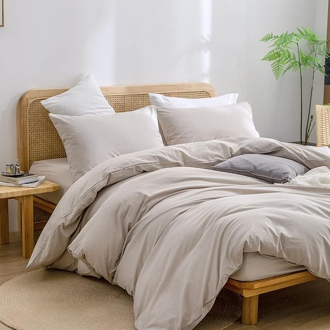 BESTOUCH Duvet Cover Set 100% Washed Cotton Linen Feel Super Soft Comfortable Chic Lightweight 2 PCs Home Bedding Set Solid Linen Grey Twin/Twin XL
