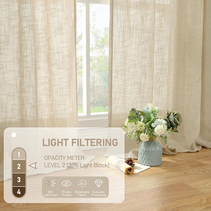 LAMIT Light Filtering Sheer Linen Curtains 102 inches Long, Linen Textured Semi - Image 4