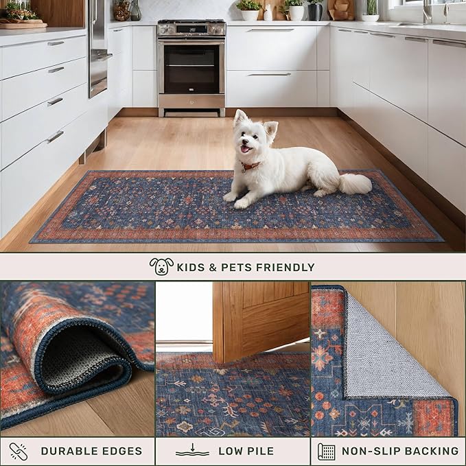 Washable Kitchen Rugs, 3x6 Area Rug for Large Entryway Indoor, Kitchen Mat, Small Rug for Living Room - Stain Resistant Non Skid Non Slip Rubber Backing, Boho Aethestic Décor (3x6 Navy Blue)