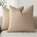 Foindtower Set of 2 Decorative Linen Check Throw Pillow Covers Neutral Farmhouse Vintage Cushion Covers Modern Coastal Boho Home Decor For Sofa Chair Couch Bedroom Living Room Outdoor,16×16 Inch,Camel