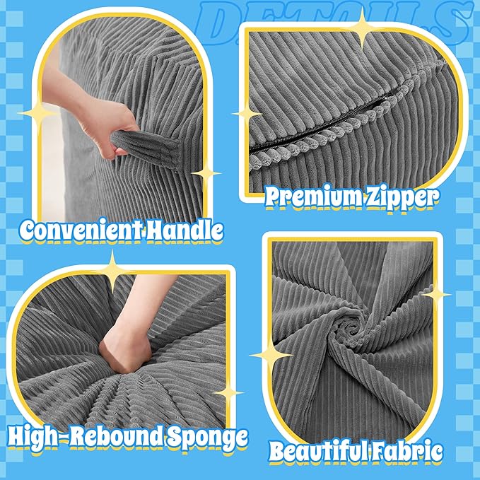 HABUTWAY 5FT Bean Bag Chair,Giant Bean Bag Chairs for Adults,Big Bean Bags with Memory Foam Filled, Large Beanbag Chairs with Soft Corduroy Cover-Grey
